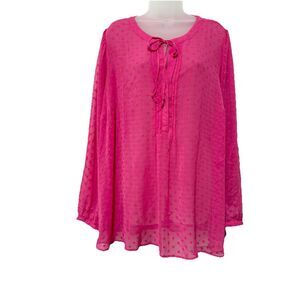 Torrid Womens Pink  V-Neck Tassel Swiss Dot Sheer Peasant Blouse Top Size 3X
